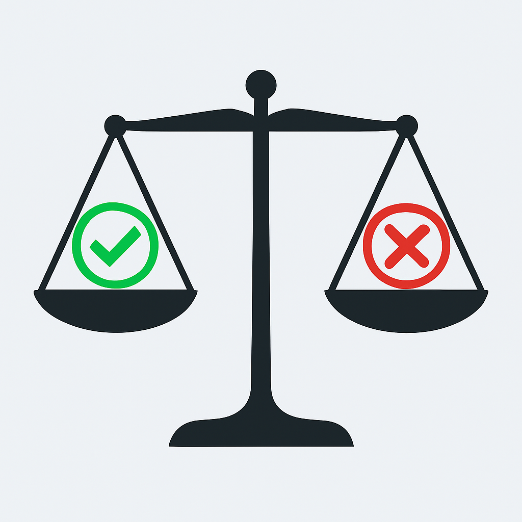 A modern scale of justice graphic with a green checkmark on one side and a red X on the other, representing AI-powered legal quiz evaluation
