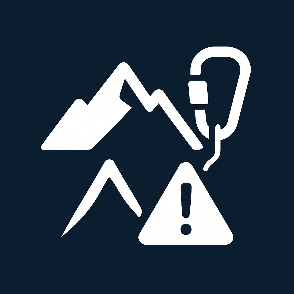 White mountain, carabiner with rope, and warning triangle on a dark-blue square—icon for Adventure Tourism Injuries Damages Quiz.