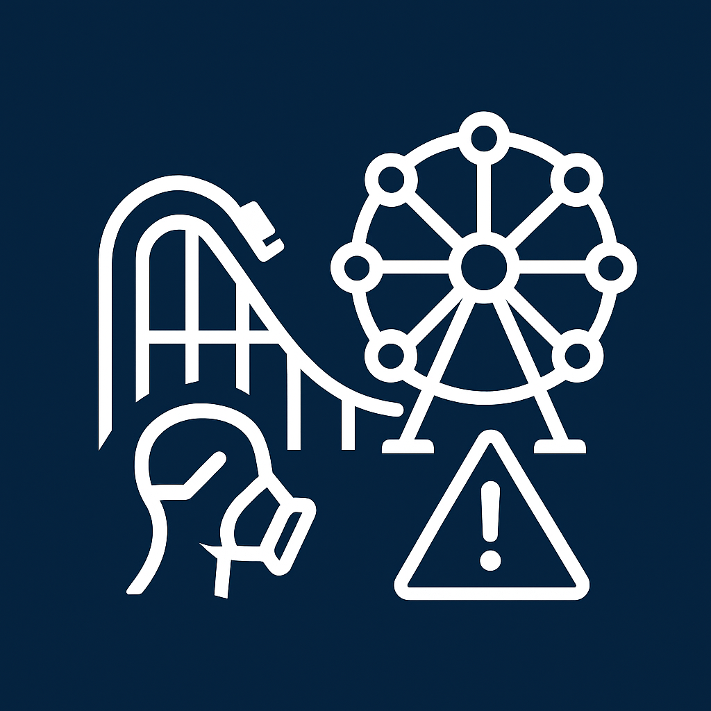 White roller coaster, Ferris wheel, and warning triangle on a dark-blue square—icon for Amusement Park Injuries Damages Quiz.