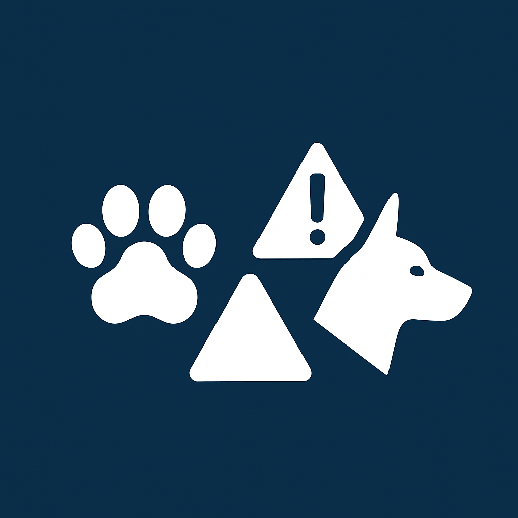 White paw print, warning triangle, and dog head silhouette on a dark-blue square—icon for Animal Injuries Damages Quiz.