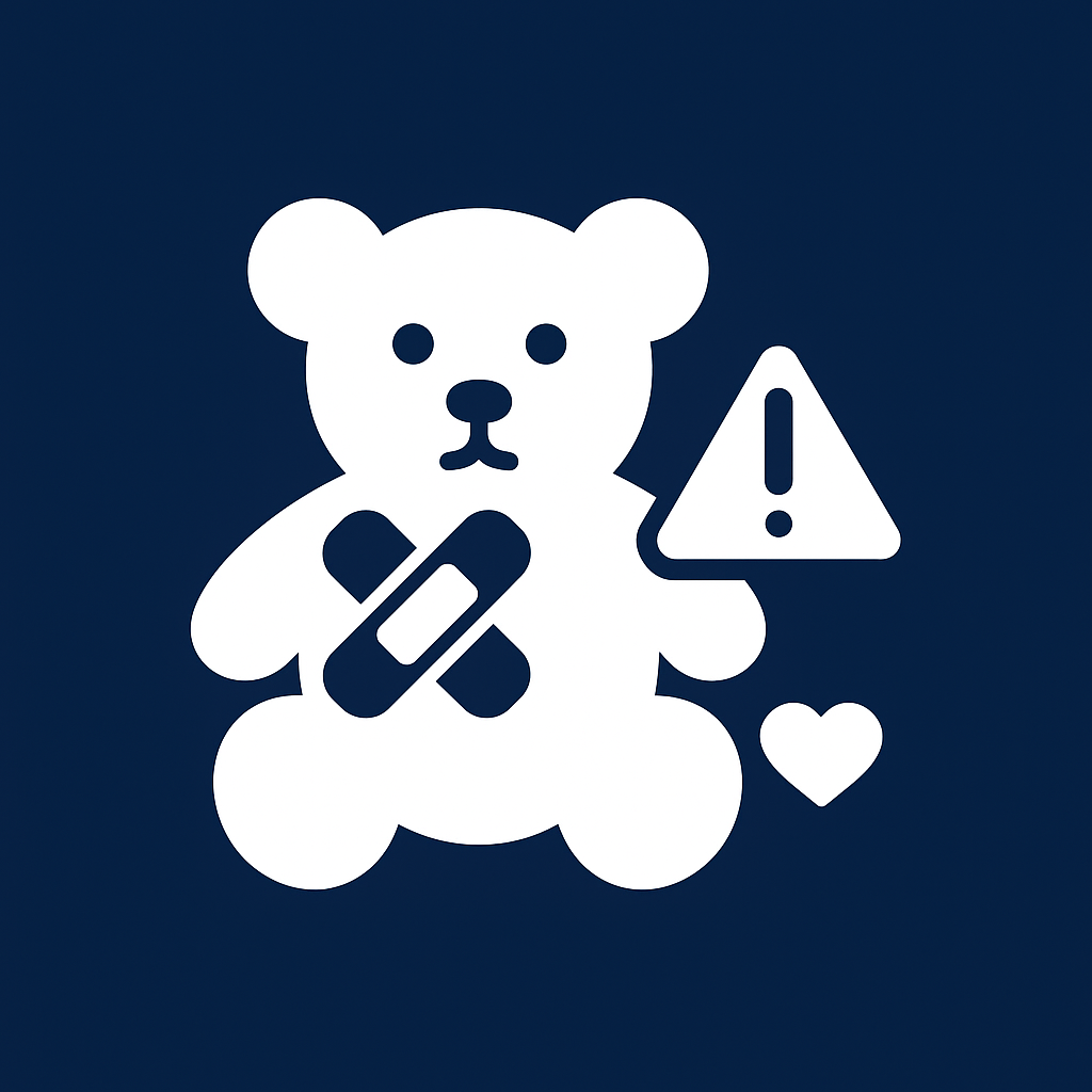 White teddy bear with a bandage and warning triangle on a dark-blue square—icon for Child Injuries Damages Quiz.