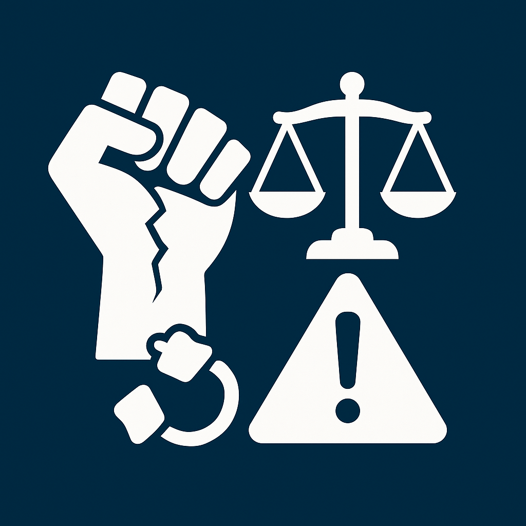 White cracked raised fist with broken handcuff, justice scales, and warning triangle on a dark-blue square—icon for Civil Rights Violations Damages Quiz.
