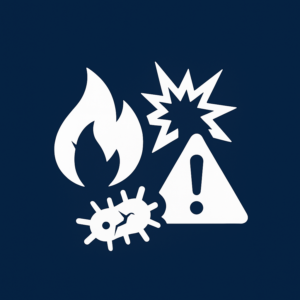 White flame, explosion burst, and warning triangle on a dark-blue square—icon for Fire and Explosion Injuries Damages Quiz.