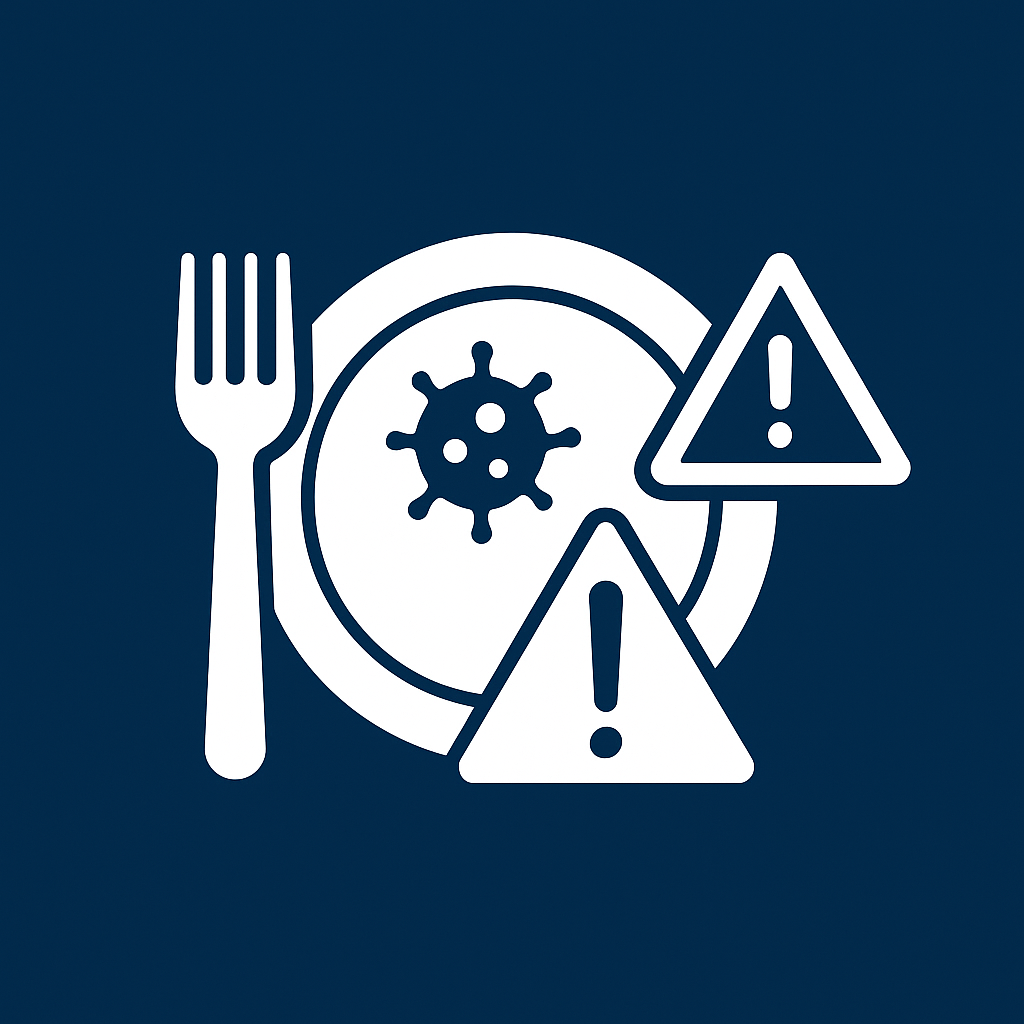 White plate with fork and knife, bacterium, and warning triangles on a dark-blue square—icon for Food Poisoning Damages Quiz.