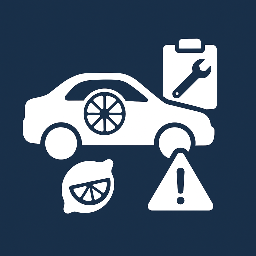 White car with lemon slice, clipboard with wrench, and warning triangle on a dark-blue square—icon for Lemon Law Damages Quiz.