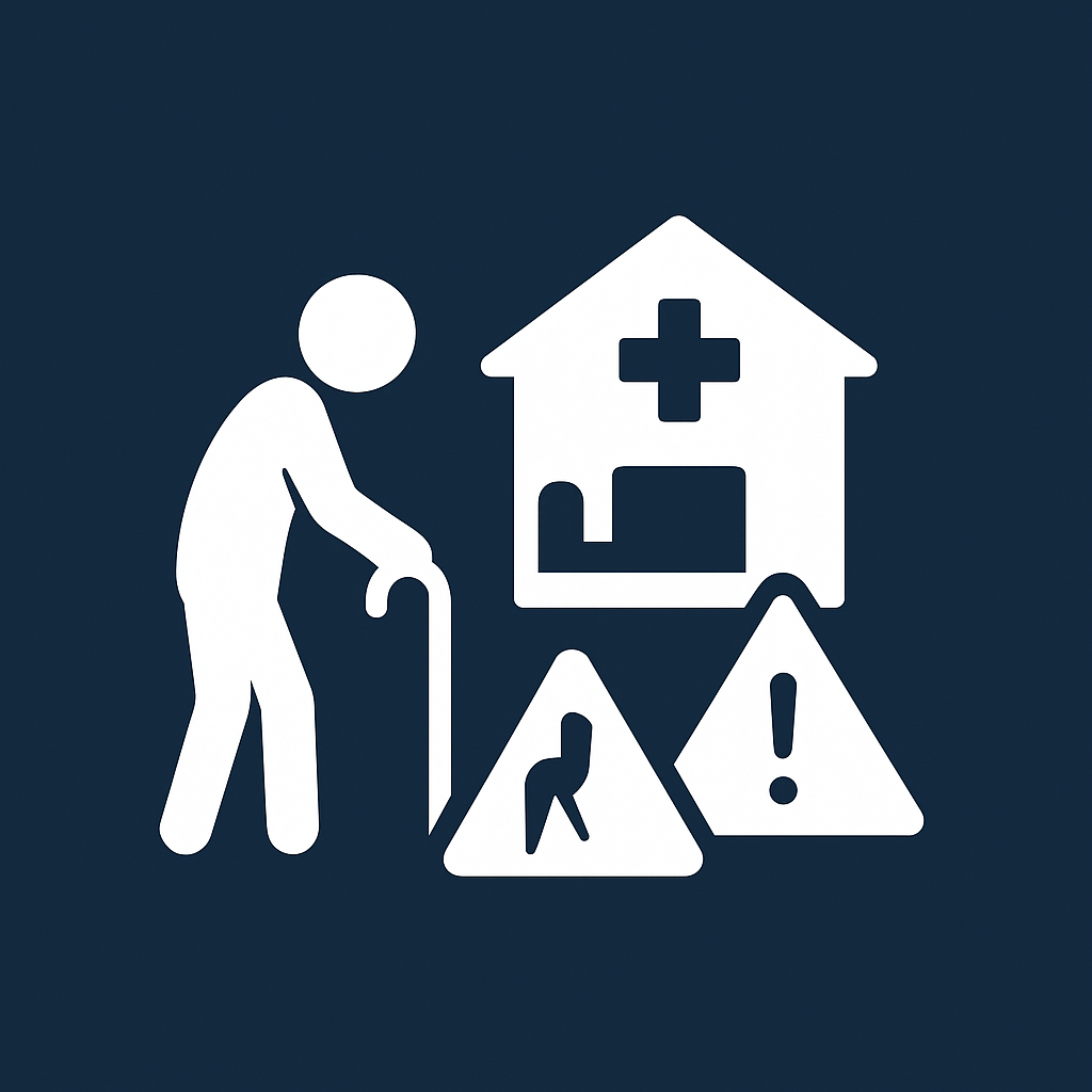 White elderly figure with a cane, nursing home building, and warning triangles on a dark-blue square—icon for Nursing Home and Elderly Abuse Damages Quiz.