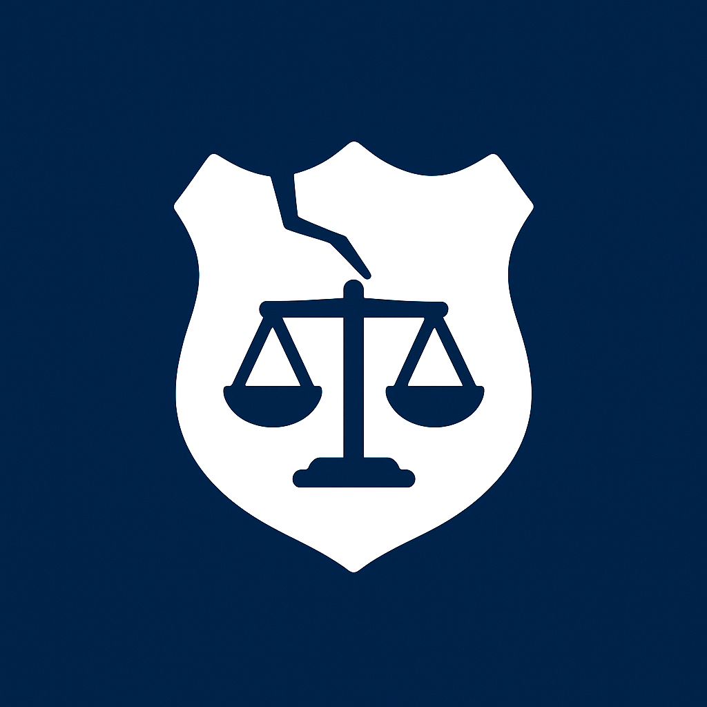 White cracked police shield with justice scales on a dark-blue square—icon for Police Misconduct Damages Quiz.