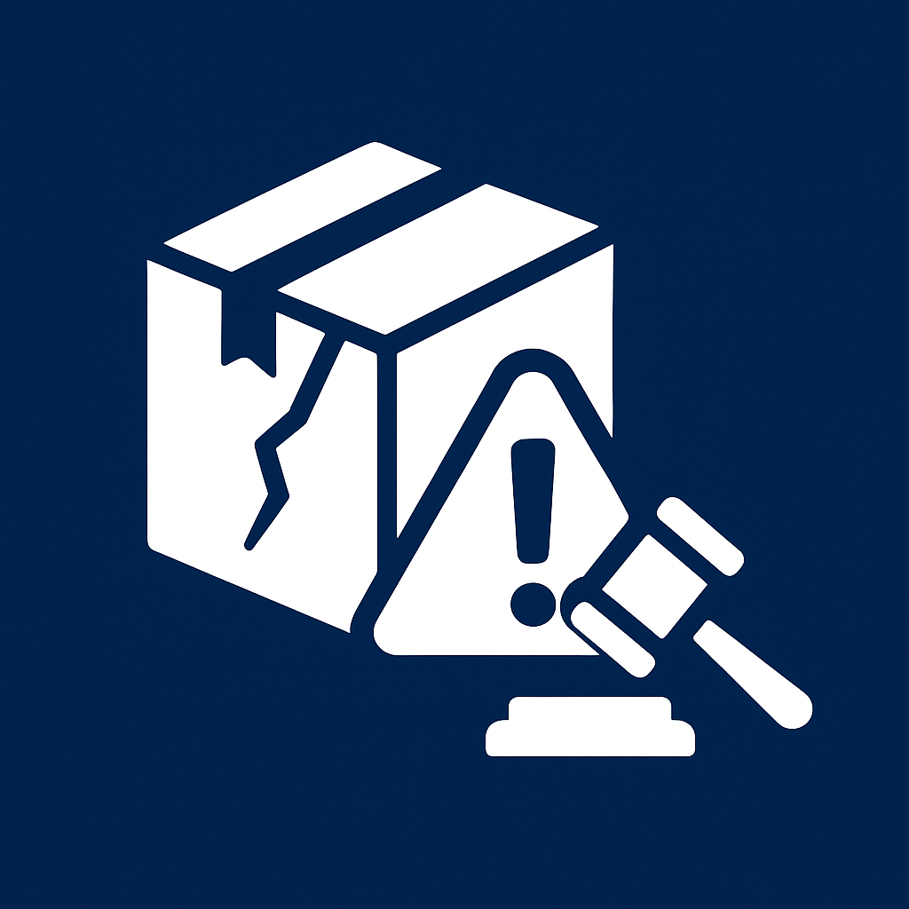 White cracked product box, warning triangle, and gavel on a dark-blue square—icon for Product Liability Damages Quiz.