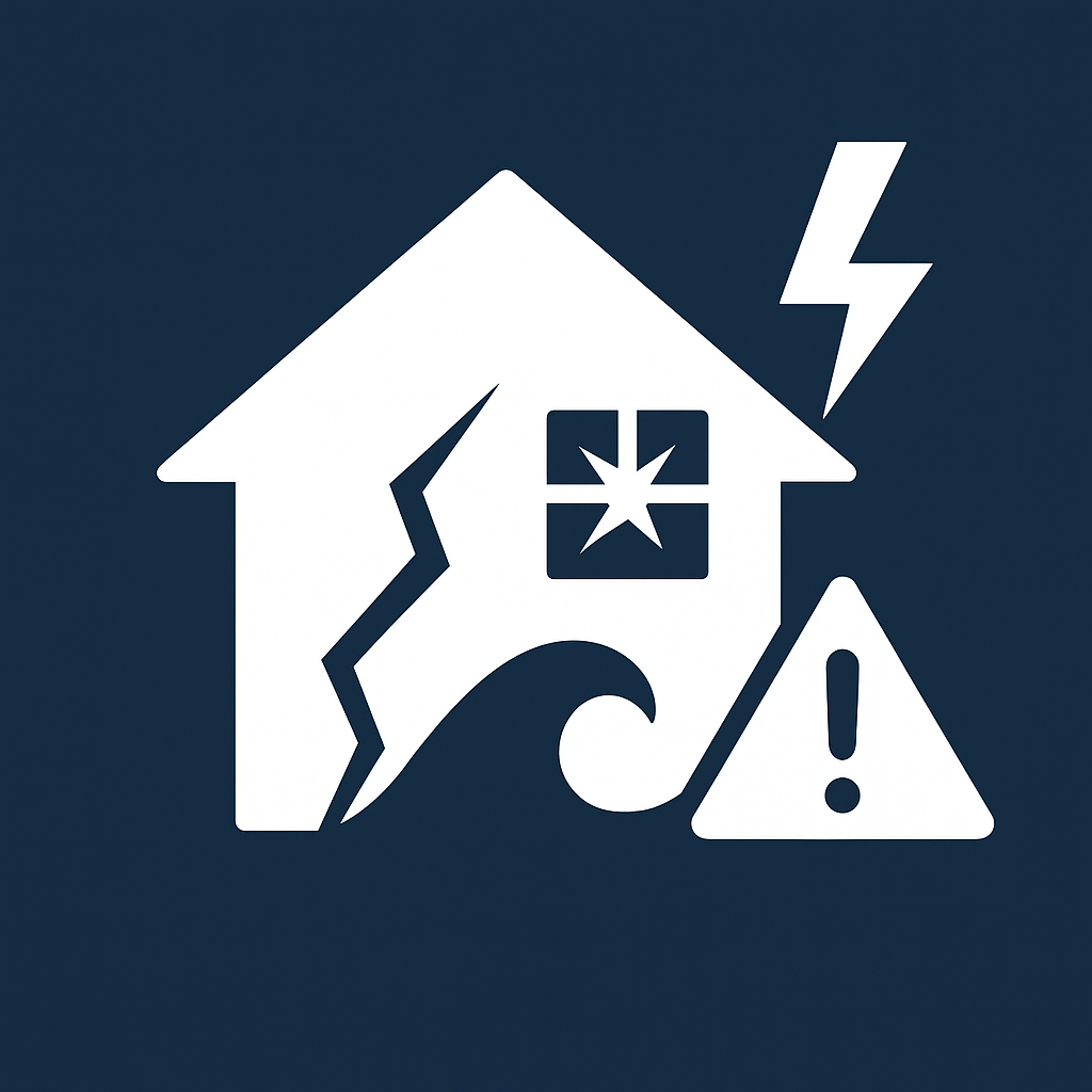 White cracked house with broken window, water wave, lightning bolt, and warning triangle on a dark-blue square—icon for Property Damage Damages Quiz.