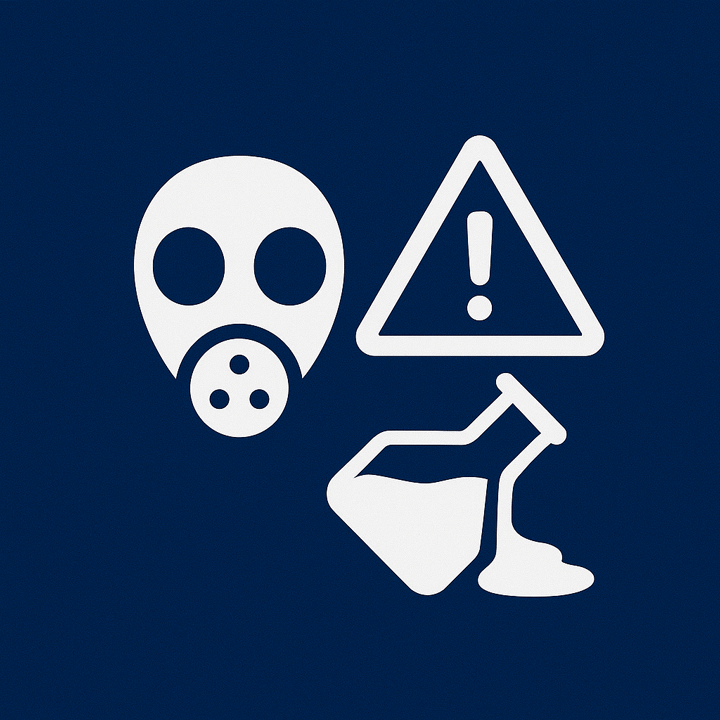 White gas mask, warning triangle, and leaking lab flask on a dark-blue square—icon for Toxic Exposure Damages Quiz.