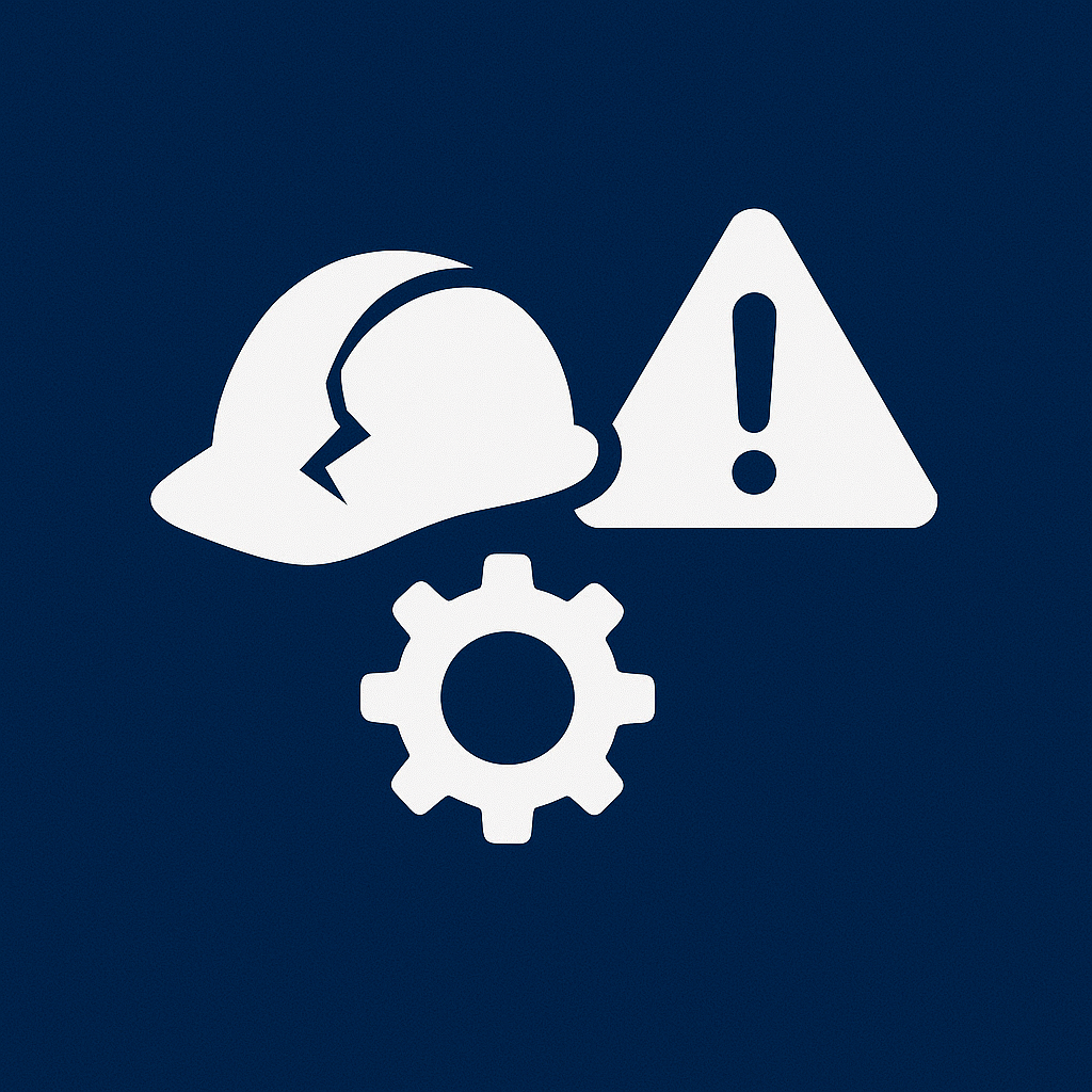 White cracked hard hat, warning triangle, and gear on a dark-blue square—icon for Workplace Injuries Damages Quiz.